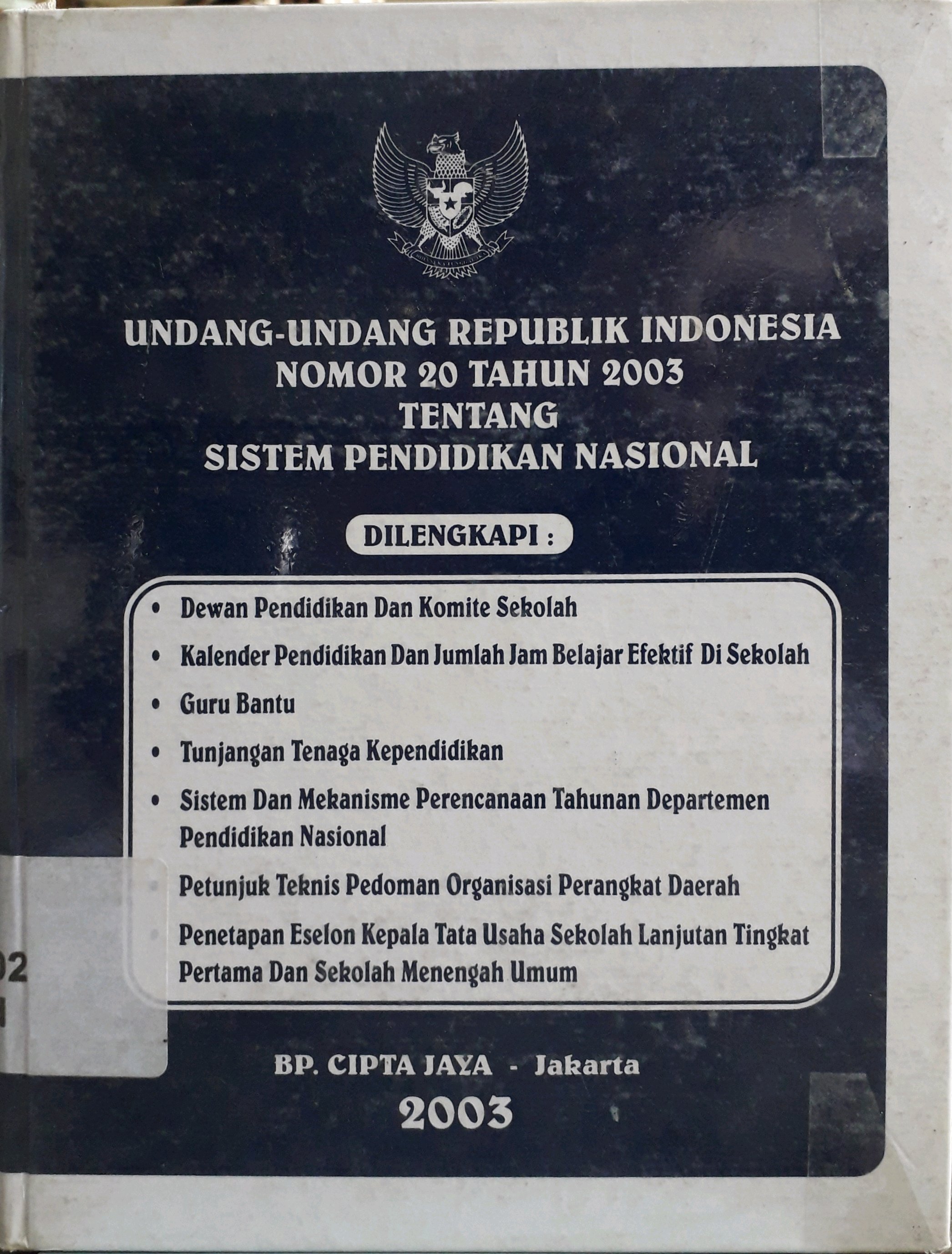 Cover Undang-undang Republik Indonesia no 20 tahun 2003 tentang sistem pendidikan nasional