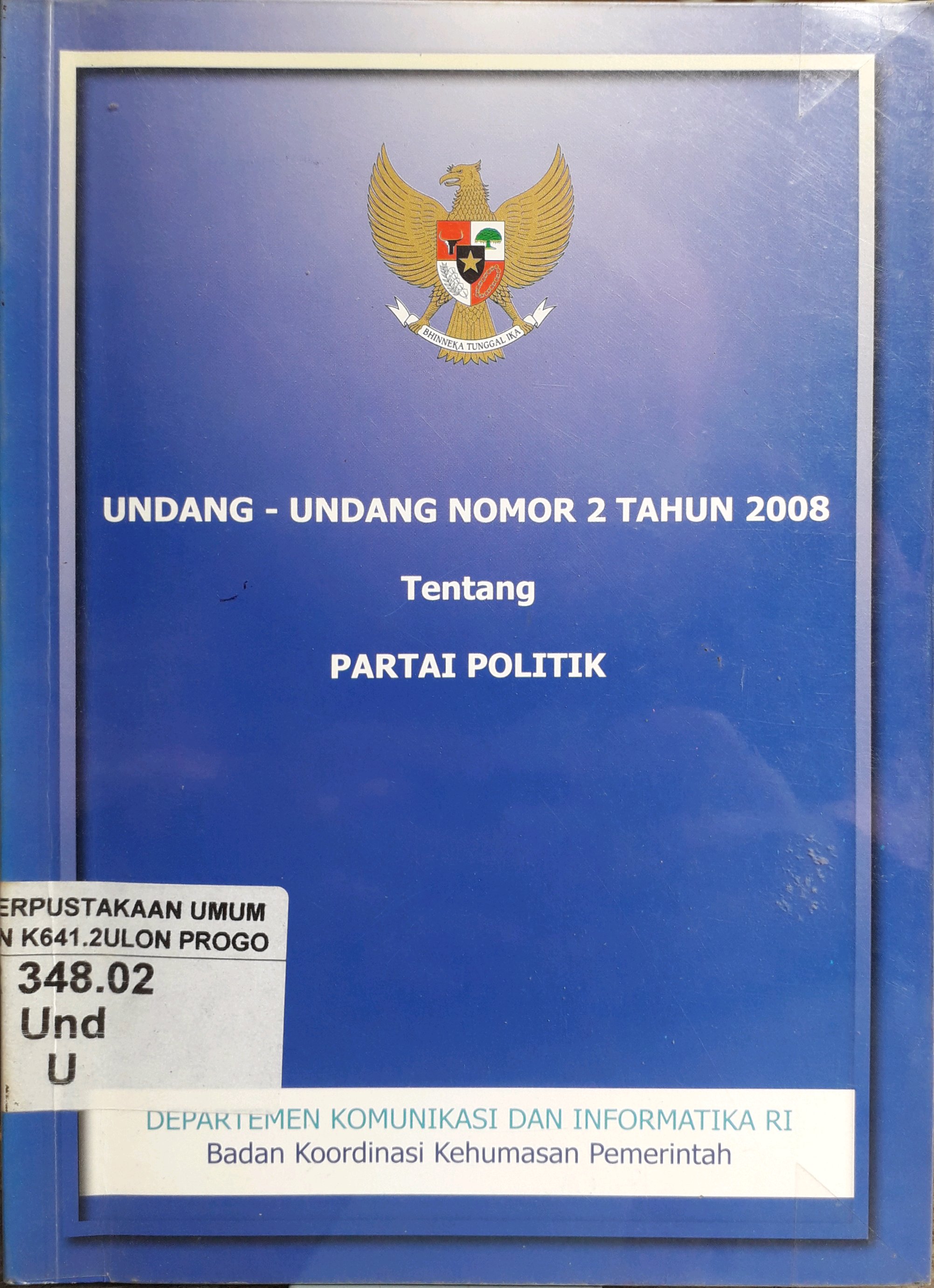 Cover Undang-undang Nomor 2 Tahun 2 Tahun 2008 tentang partai politik