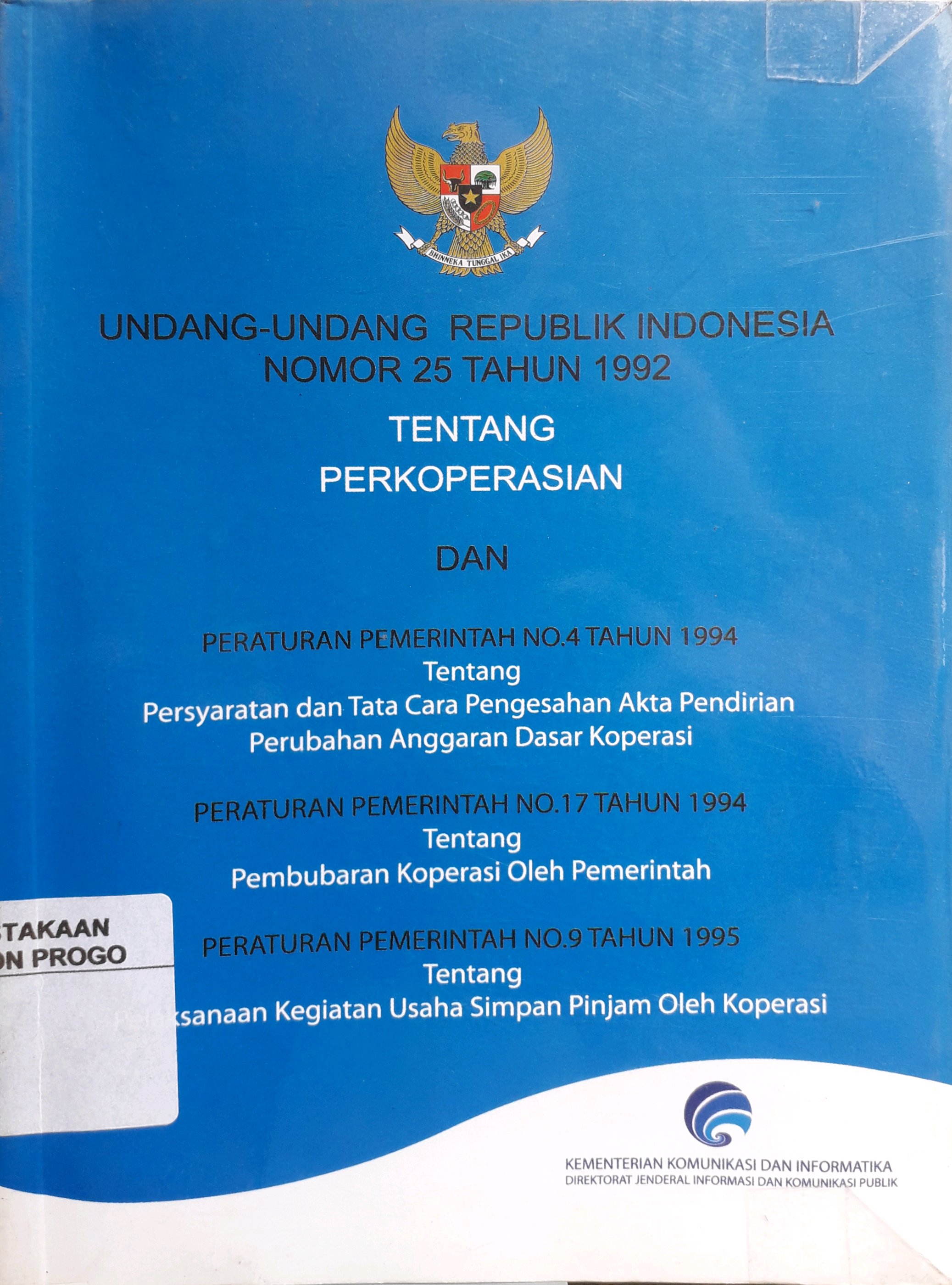Cover Undang-Undang Republik Indonesia Nomor 25 tahun 1992 tentang Perkoperasian dan ...