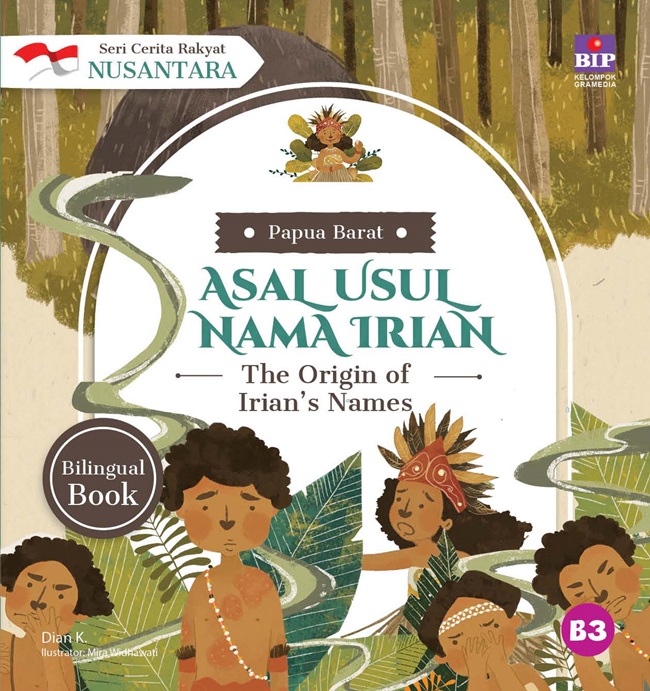 Cover Asal Usul Nama Irian :  Cerita Rakyat Nusantara Provinsi Papua Barat / Dian K; Ilustrator, Mira Widhawati; Penerjemah, Dono Sunardi; Penyunting, Putri Sastra; Penyelaras akhir, Mursyidah; Redesain, Yanyan Wijaya; Penata letak, Yanyan Wijaya dan Sul Nugroho