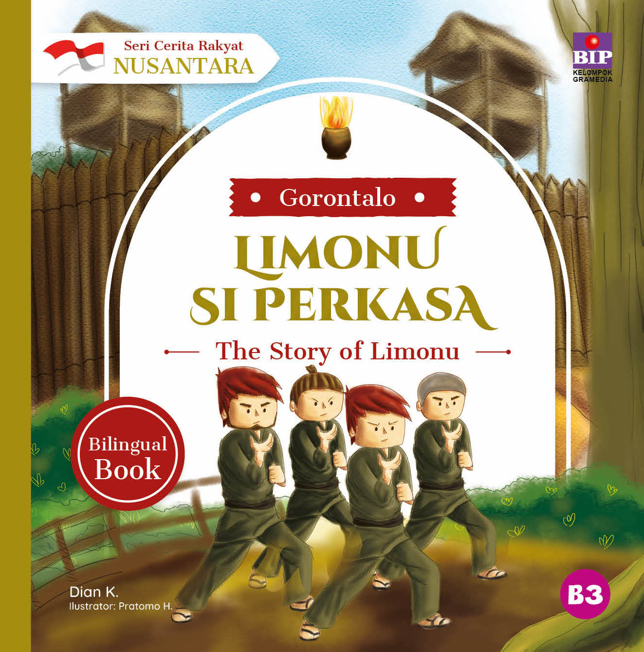 Cover Limonu Si Perkasa :  Cerita Rakyat Nusantara Provinsi Gorontalo / Dian K; Ilustrator, Pratomo Hasuki; Pengalih bahasa, Dono Sunardi; Editor, Putri Sastra; Penyelaras akhir, Novalya Putri; Redesain, Bangkit C. Yoghastika