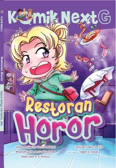 Cover Restoran Horor :  Komik Next G Volume 23 / Husna Azkiya Hartanto, Winandriya Hanun Sadida, Nada Laila A., Hafizah Sabila, Helen; pengarang, Faisal, Dea, Monica, Tifa; komikus, Syahid Noor Pratama L.; ilustrator sampul, Rony Amdani; penyunting ilustrasi, Wiwit Wijiastuti; penyunting naskah, Deny Saputra; Perancang sampul dan isi, Ammy Siti Rahmi; penyelaras aksara