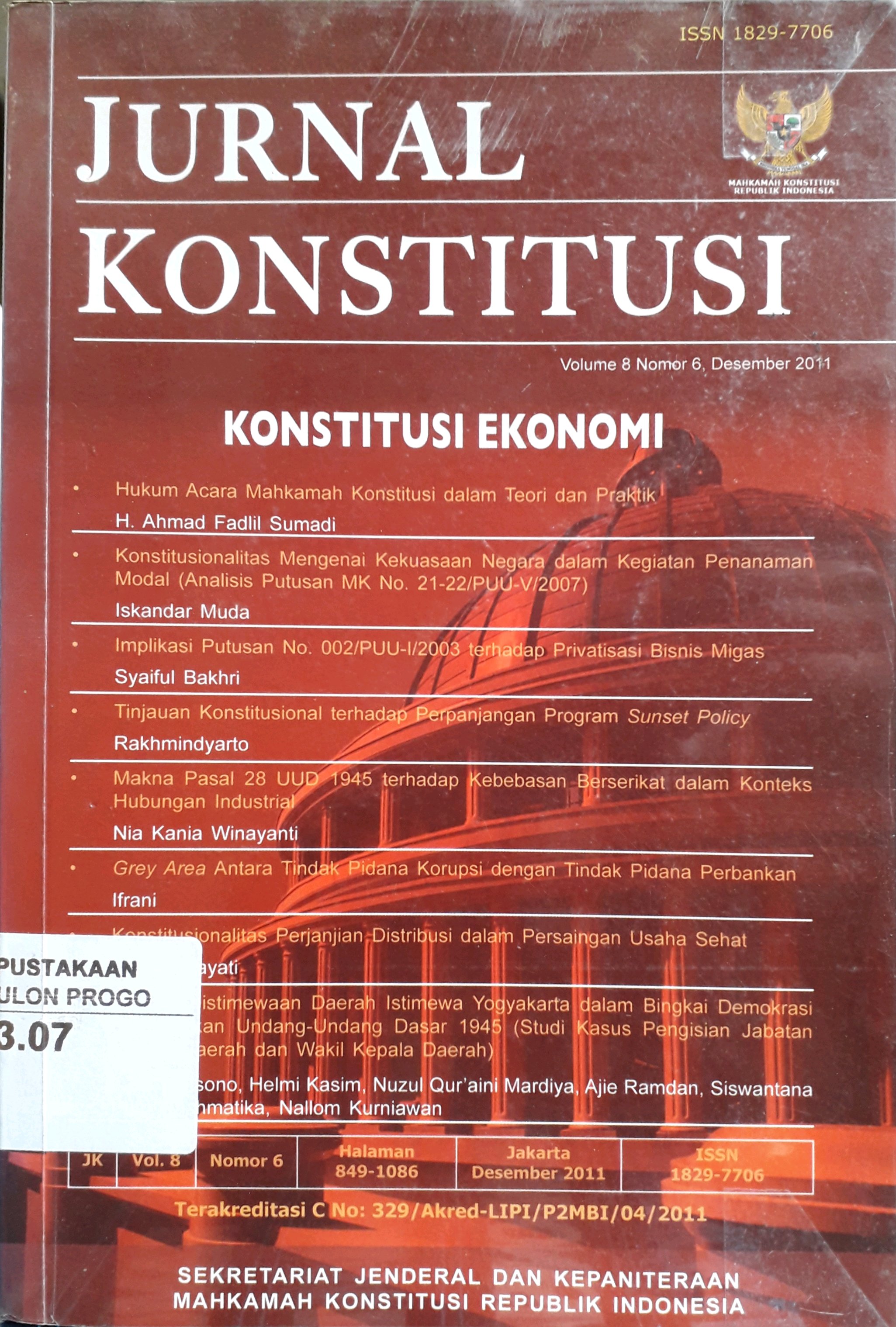 Cover Jurnal konstitusi vol 8 nomor 6 Desember 2011