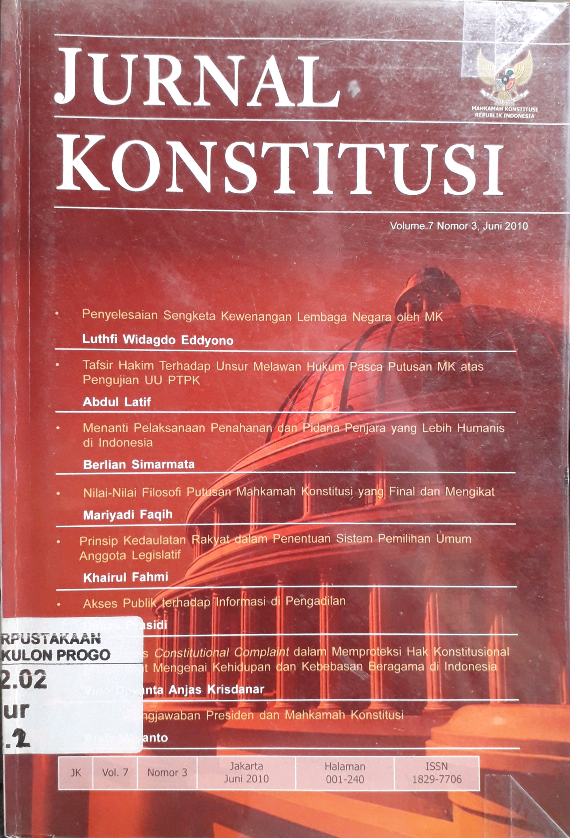 Sampul Jurnal konstitusi vol 7 nomor 3 Juni 2010