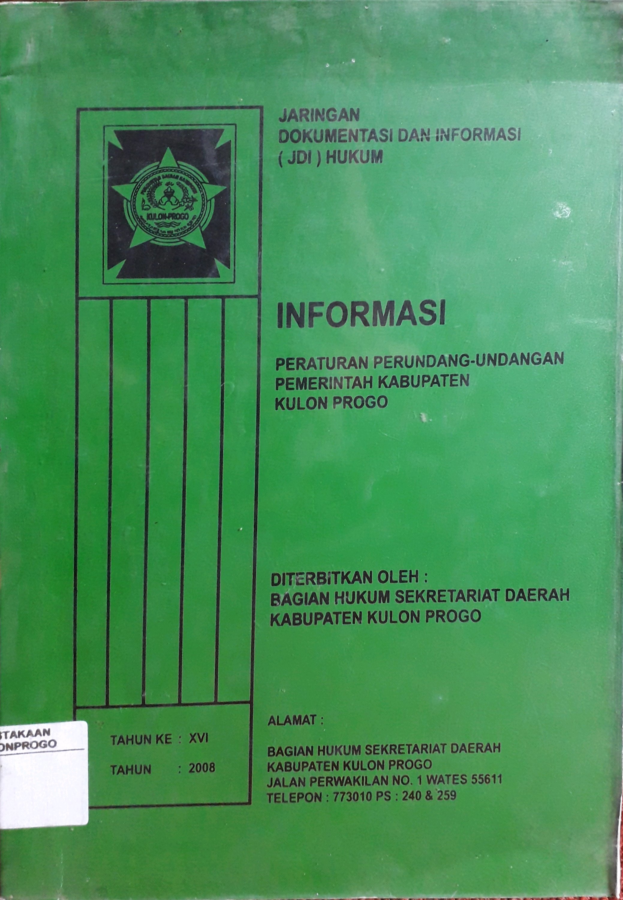 Cover Jaringan Dokumentasi dan Informasi (JDI) Hukum Informasi Peraturan Perundang-Undangan Pemerintah Kabupaten Kulon progo Tahun ke XVI 2008